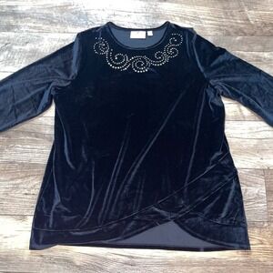 Quacker Factory Black Velvet Rhinestone Tulip Hem‎ Top A563778 Womens Large